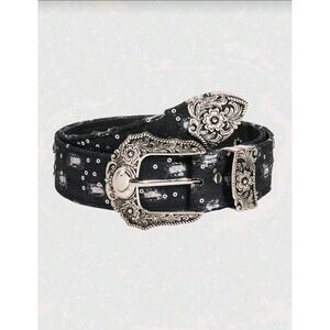 Womens Western Black Distressed Denim Belt Silver Engraved Floral Buckle Studded